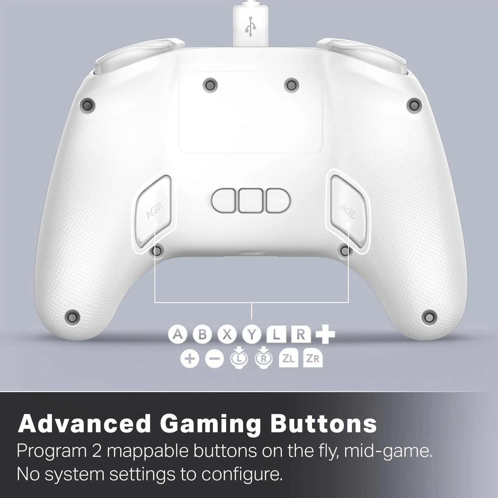Ein weißer Gamecontroller mit verschiedenen Tasten, darunter ABXY, Plus/Minus und L/R/ZL/ZR. Er hat erweiterte Gaming-Tasten.