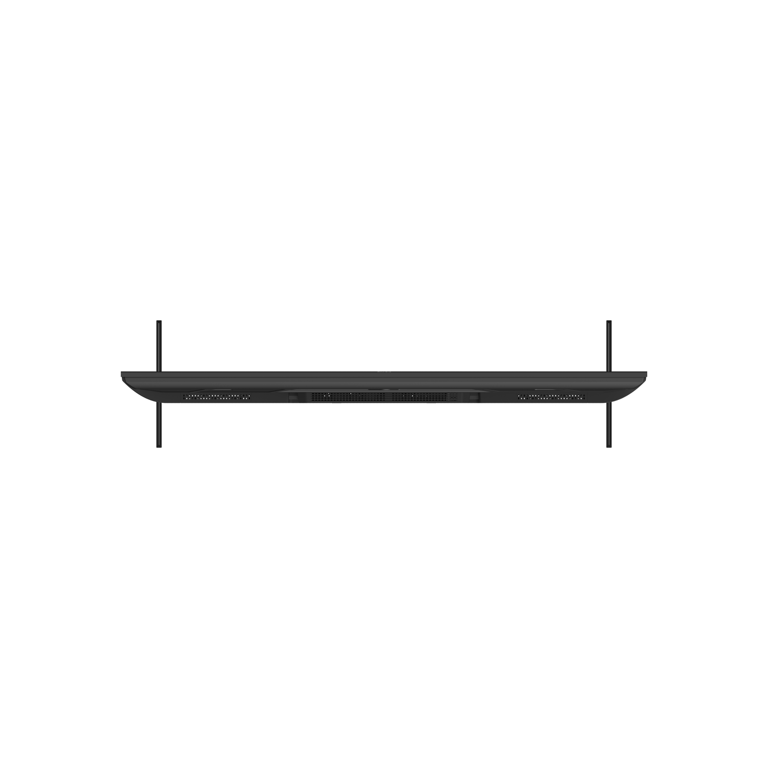 A black, rectangular television, viewed from above, with two black stands. The background is plain white.