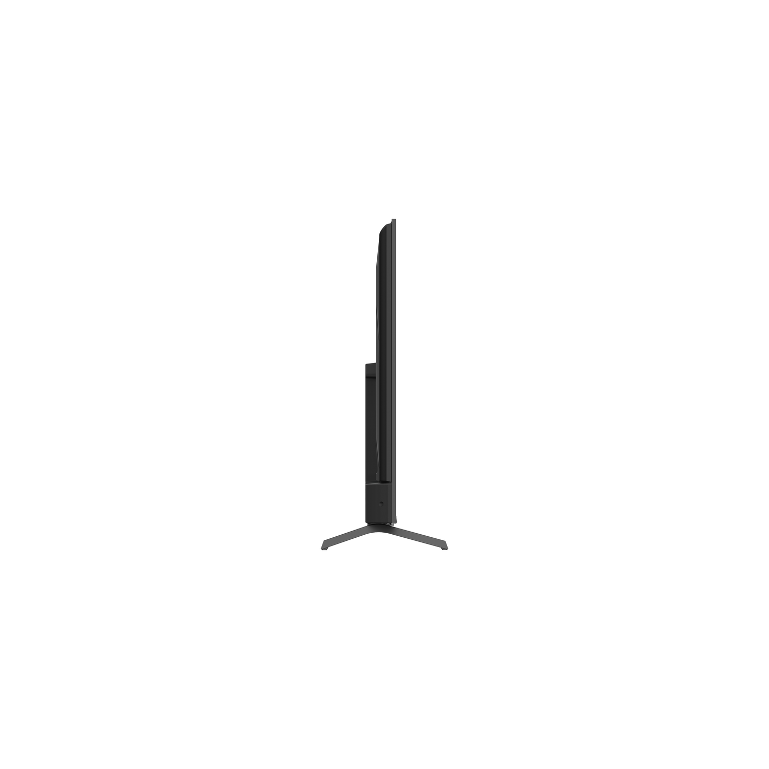 A side view of a black flat-screen TV on a white background. The TV is on a stand.