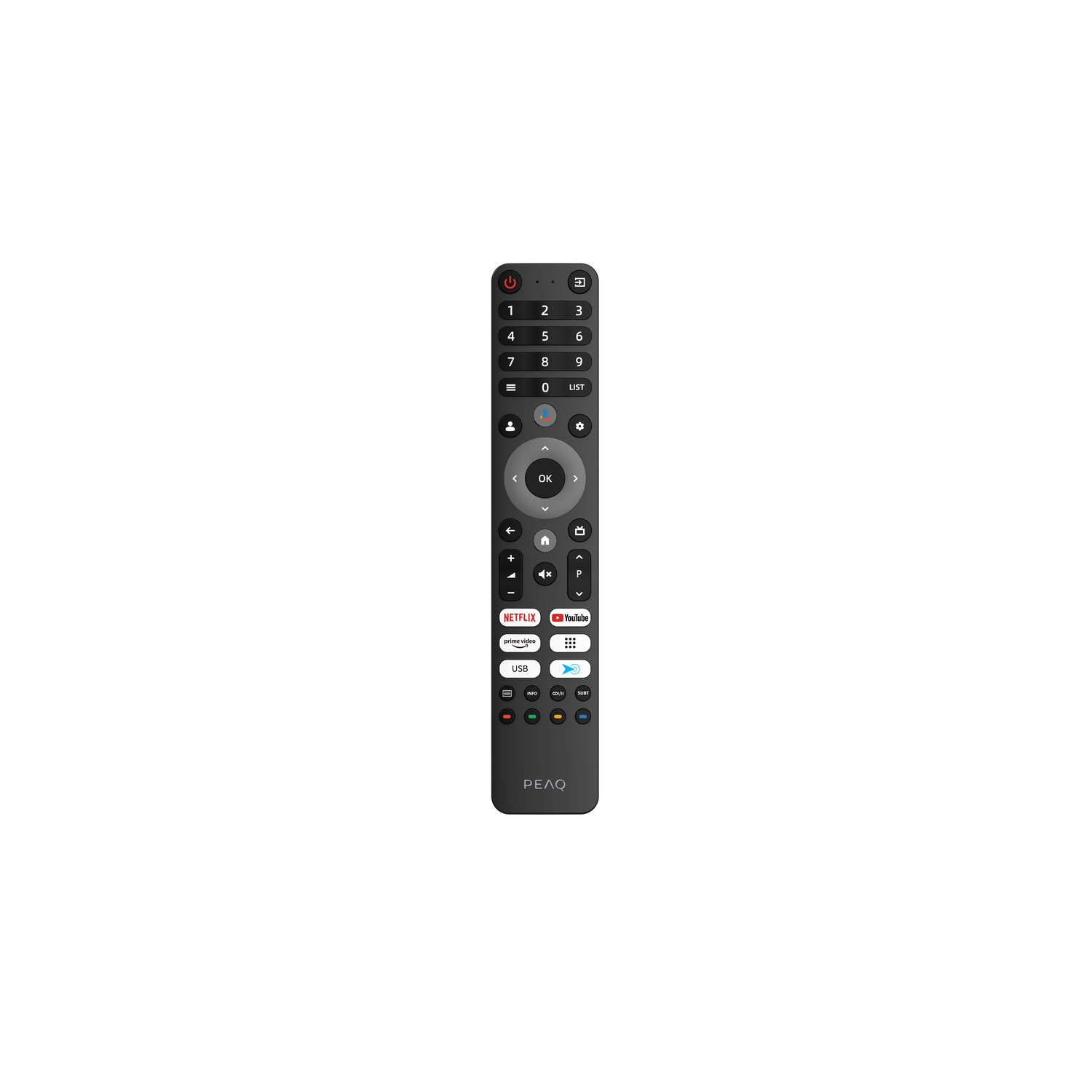 A black remote control with multiple buttons. Numbers 1-9, Netflix, YouTube, and other function buttons are visible.