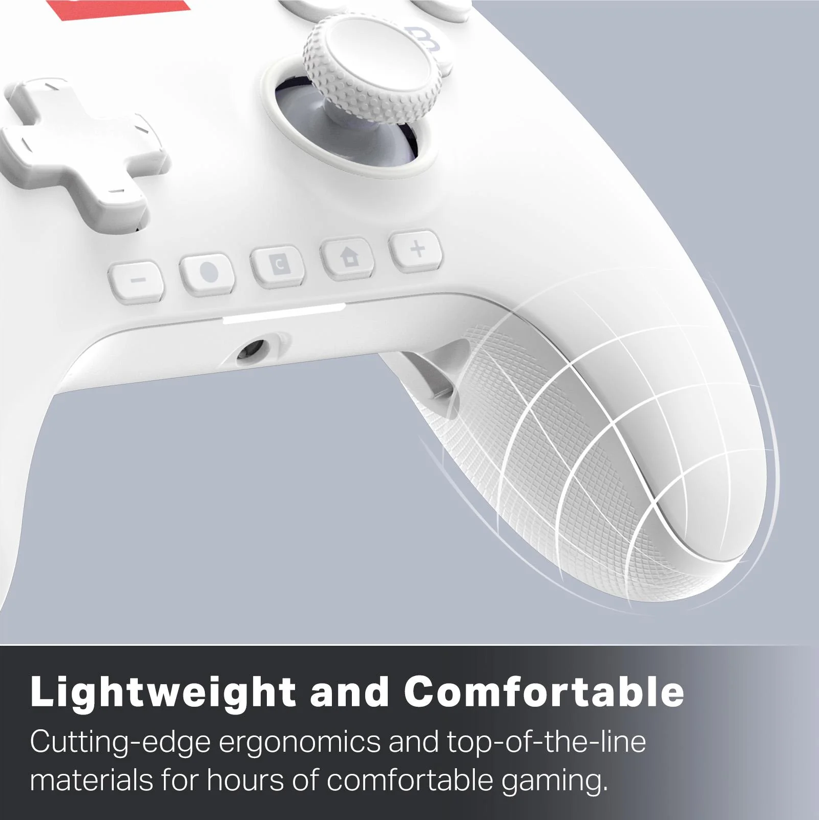 Weißer Gamecontroller. Mit Knöpfen, einem Joystick und einem kreuzförmigen Richtungspad. Der Hintergrund ist grau.