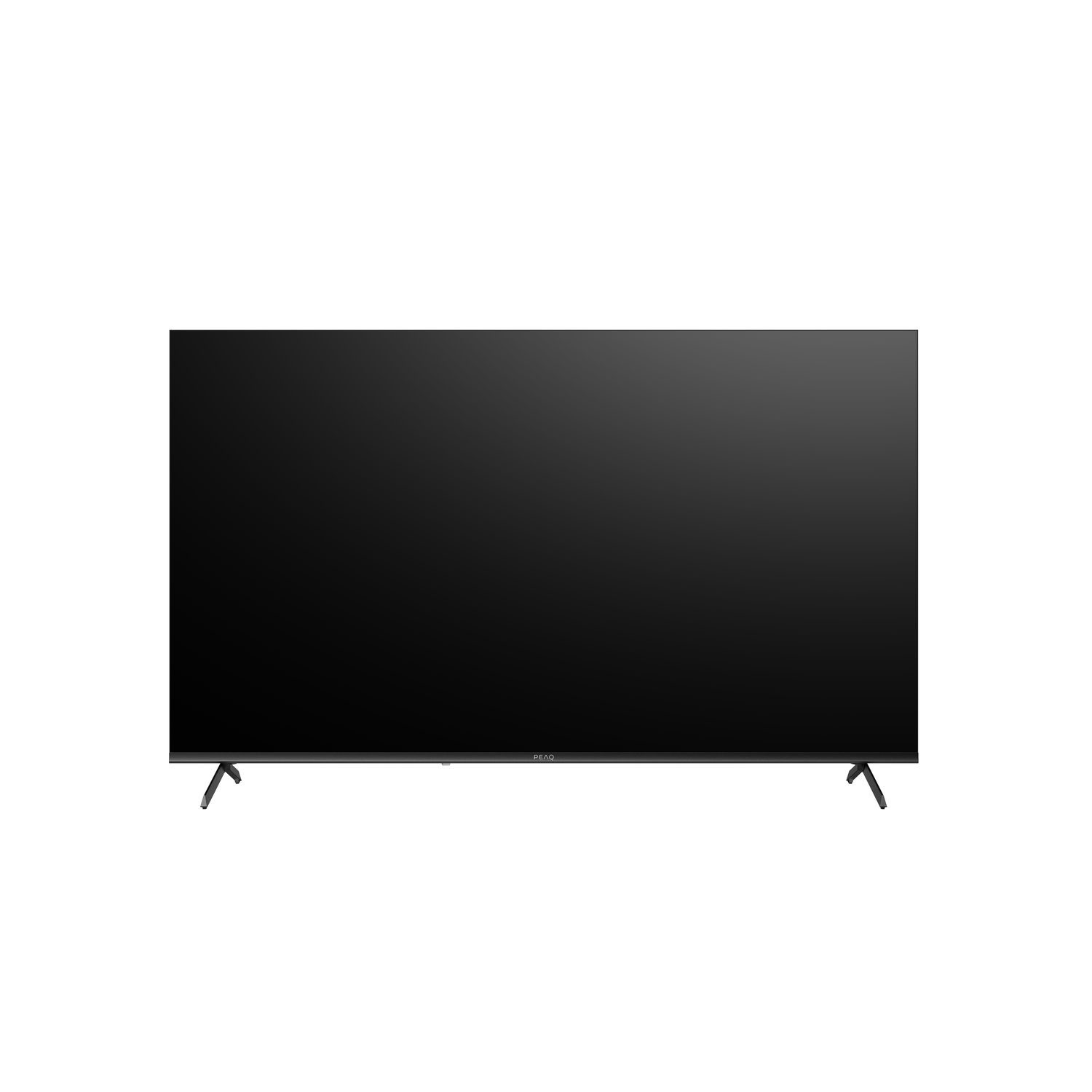A large, black flat-screen TV with thin legs. The brand name PEAQ is visible at the bottom.