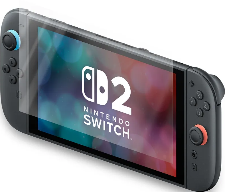 Una console Nintendo Switch. Corpo grigio con schermo che mostra il logo Nintendo Switch. Controller blu e arancioni.
