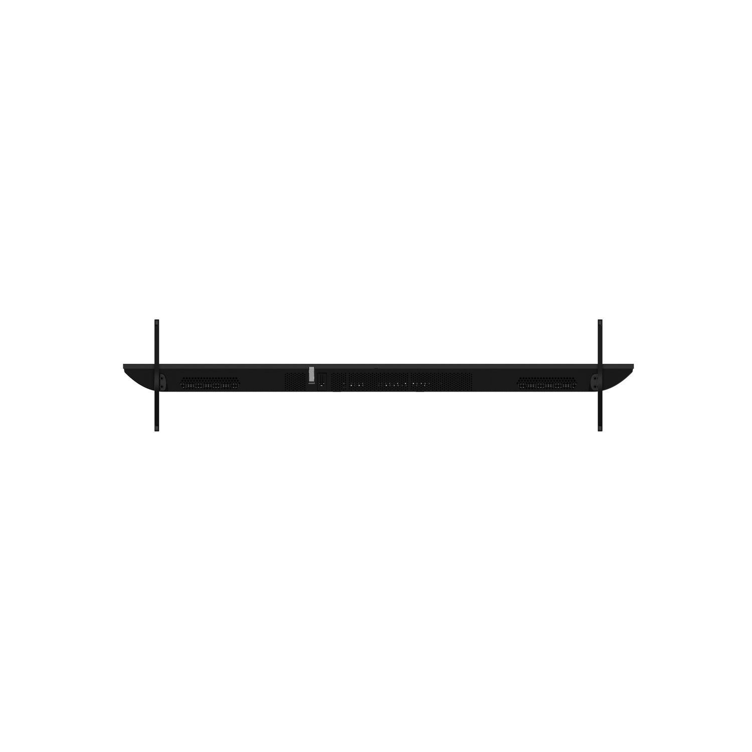 A black, rectangular TV with two black stands. The TV is centered with a white background.