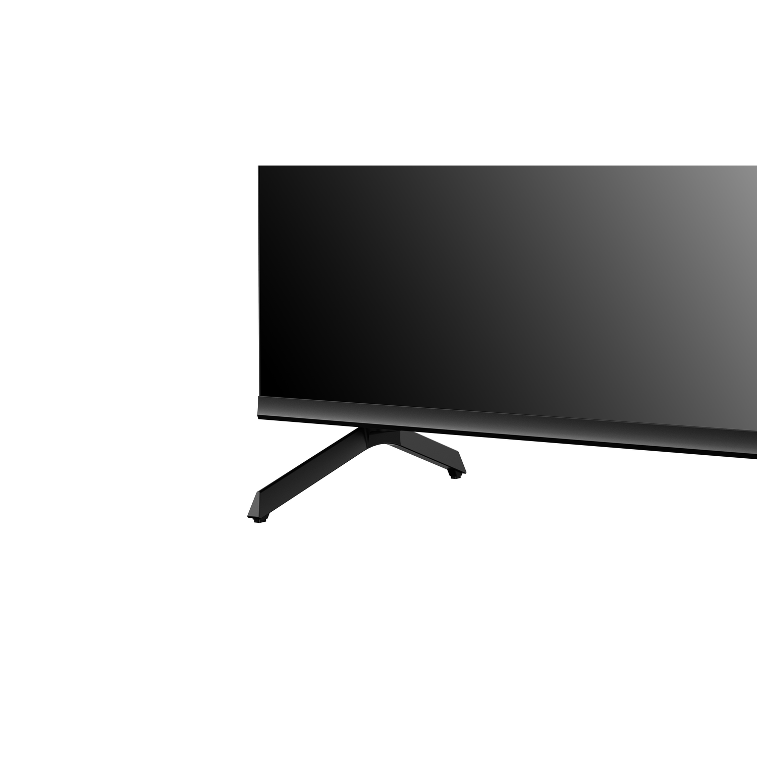 A black TV screen with a black stand is set against a white background. The stand is a V-shape.