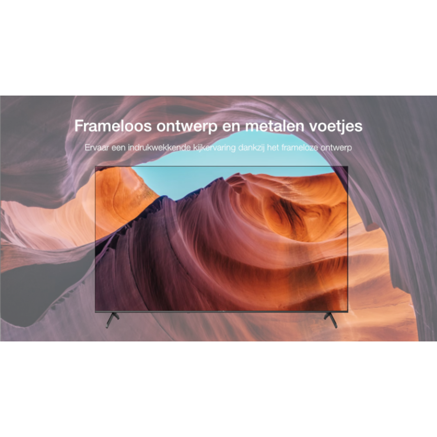 A TV screen displays a canyon landscape. Text says 'Frameless design and metal feet'. The TV has a black frame and metal stands.
