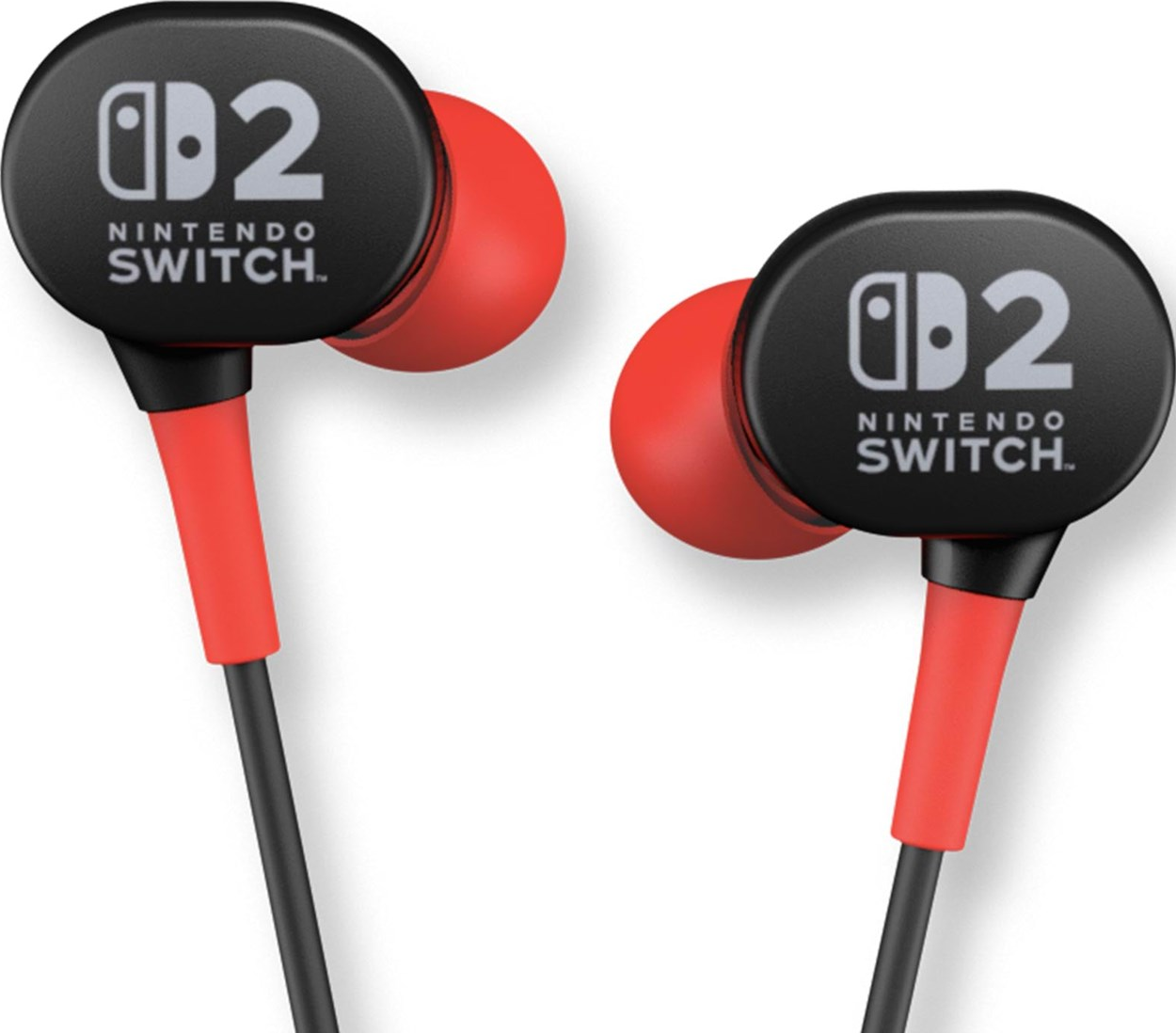 Zwei rote und schwarze Nintendo Switch-Ohrhörer auf weißem Hintergrund. Jeder Ohrhörer hat ein schwarzes Gehäuse mit dem Nintendo Switch-Logo.