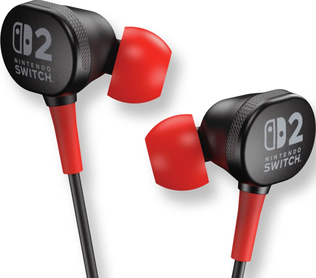 Zwei schwarz-rote Nintendo Switch-Ohrhörer. Jeder hat einen schwarzen Kopf mit dem Switch-Logo, einen roten Stiel und eine Ohrhörerabdeckung.