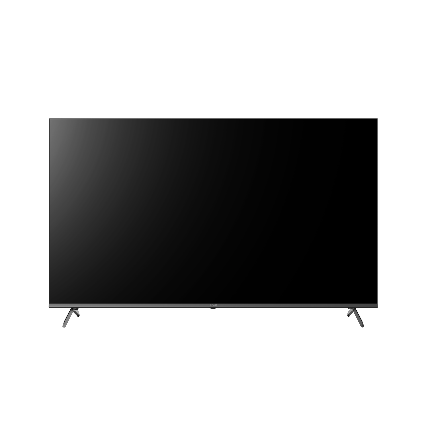 A large, black flat-screen TV with thin metal legs. The screen is off, appearing dark. It is against a white background.