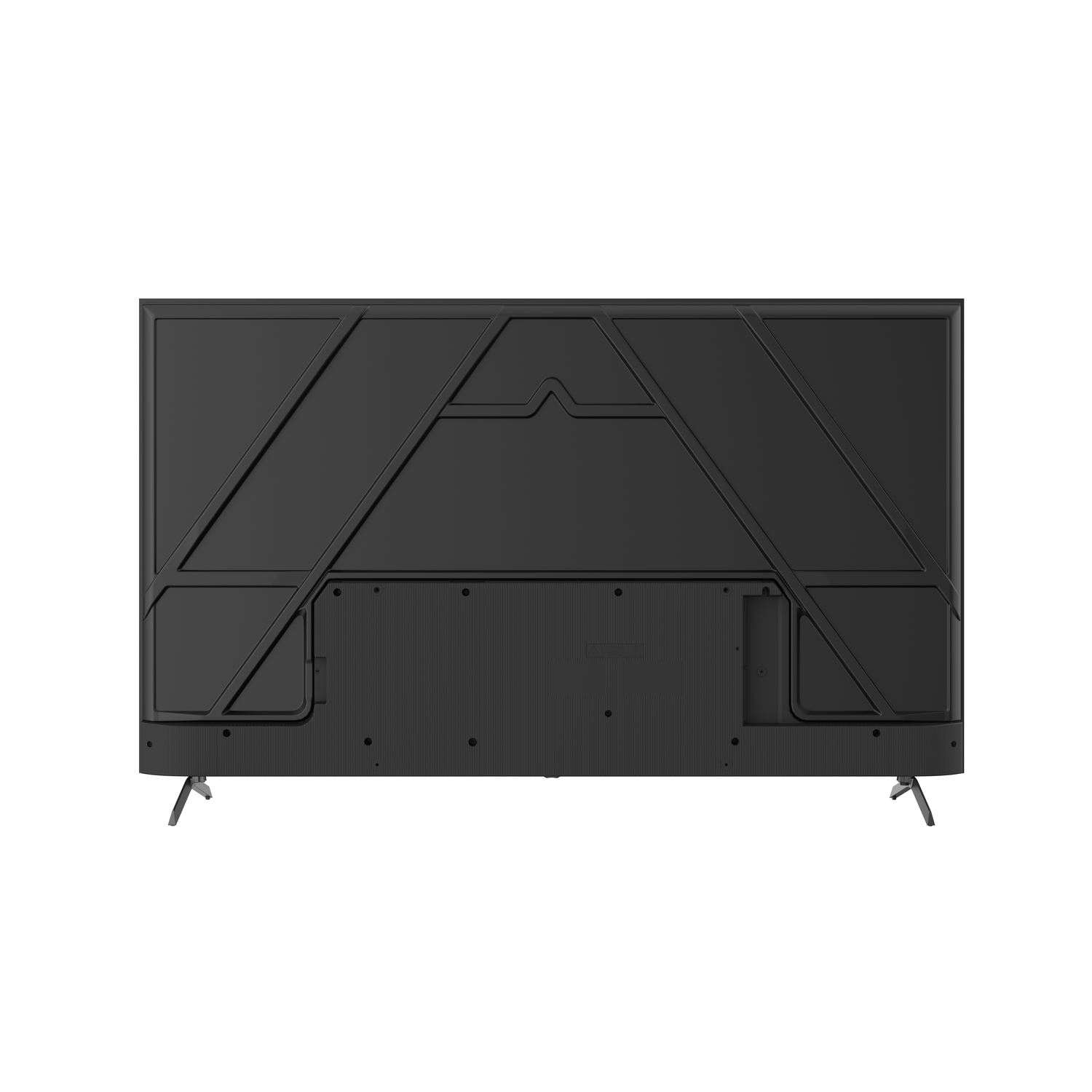 Rear view of a black TV. It has a geometric design on the back and two metal legs. The background is plain white.