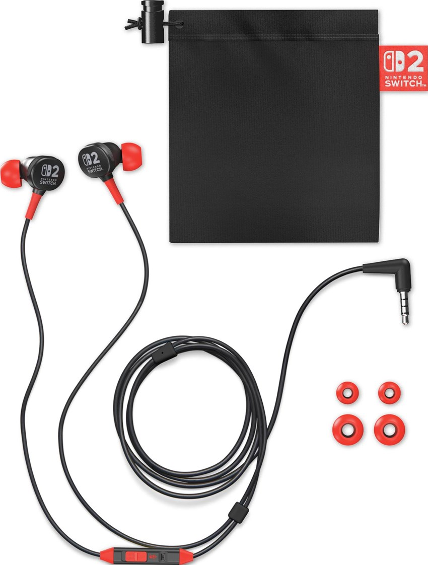 Nintendo Switch Ohrhörer. Schwarzes und rotes Design mit Tragetasche, zusätzlichen Ohrstöpseln und 3,5-mm-Klinke. Logo sichtbar.
