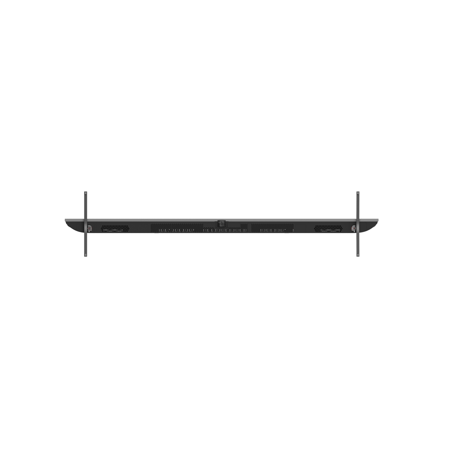 A black TV from a top-down view. The TV is mounted with two black supports at each side. The background is white.