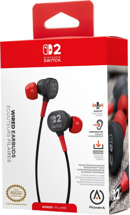 Schachtel mit Nintendo Switch kabelgebundenen Ohrhörern. Rote und schwarze Kopfhörer, weiße Schachtel mit Text und Nintendo-Logo.