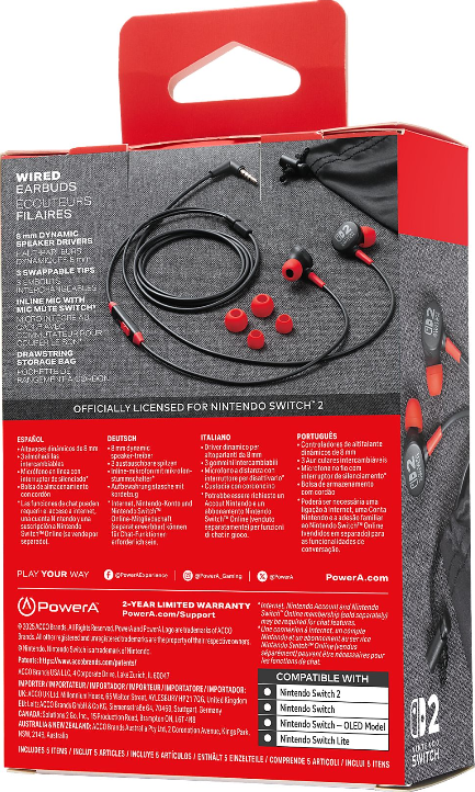 Verpackung mit kabelgebundenen Ohrhörern, Text, Zeichnung und Funktionsliste. Kompatibel mit Nintendo Switch 2.