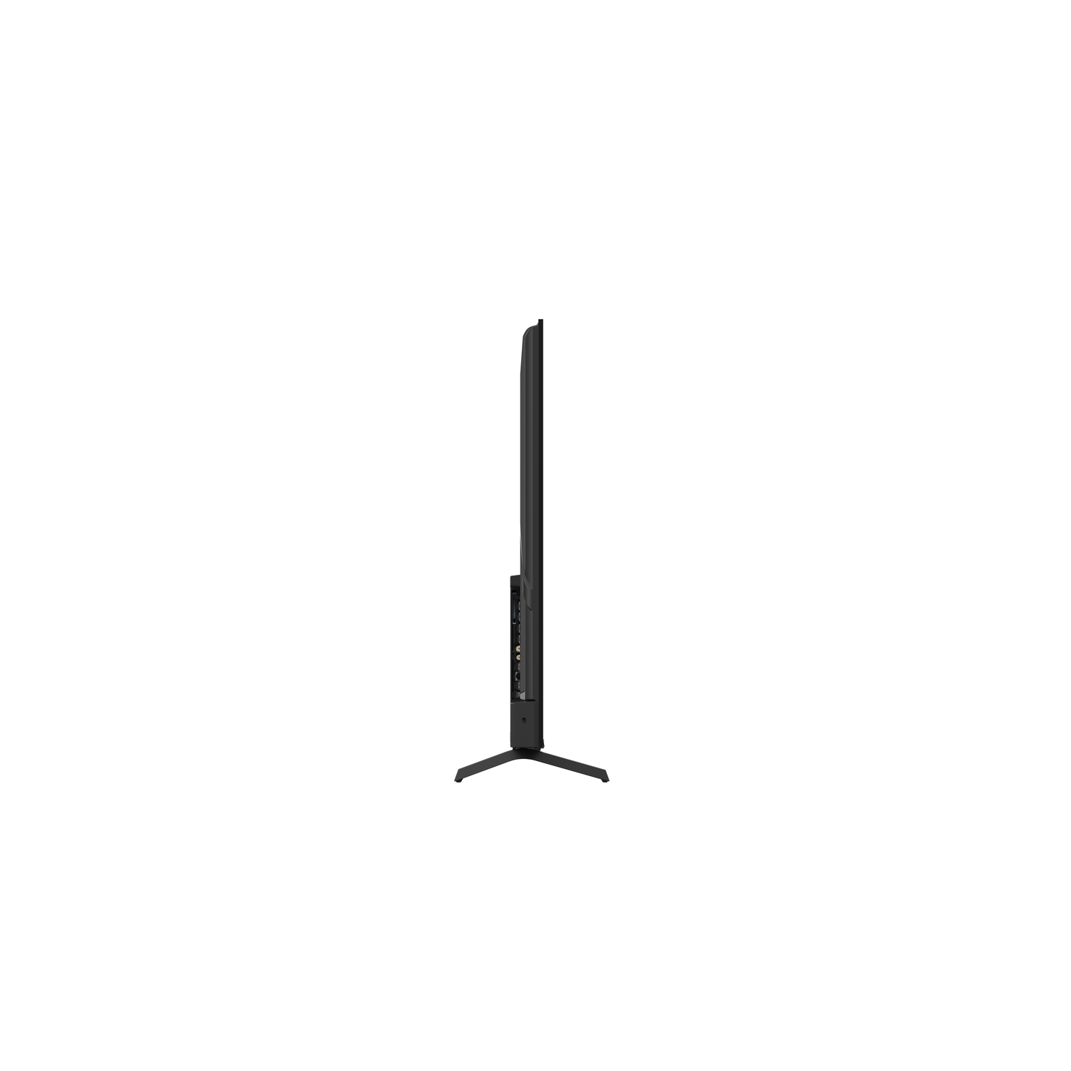 A black, slim television is seen from the side. It stands on two black legs against a white background.