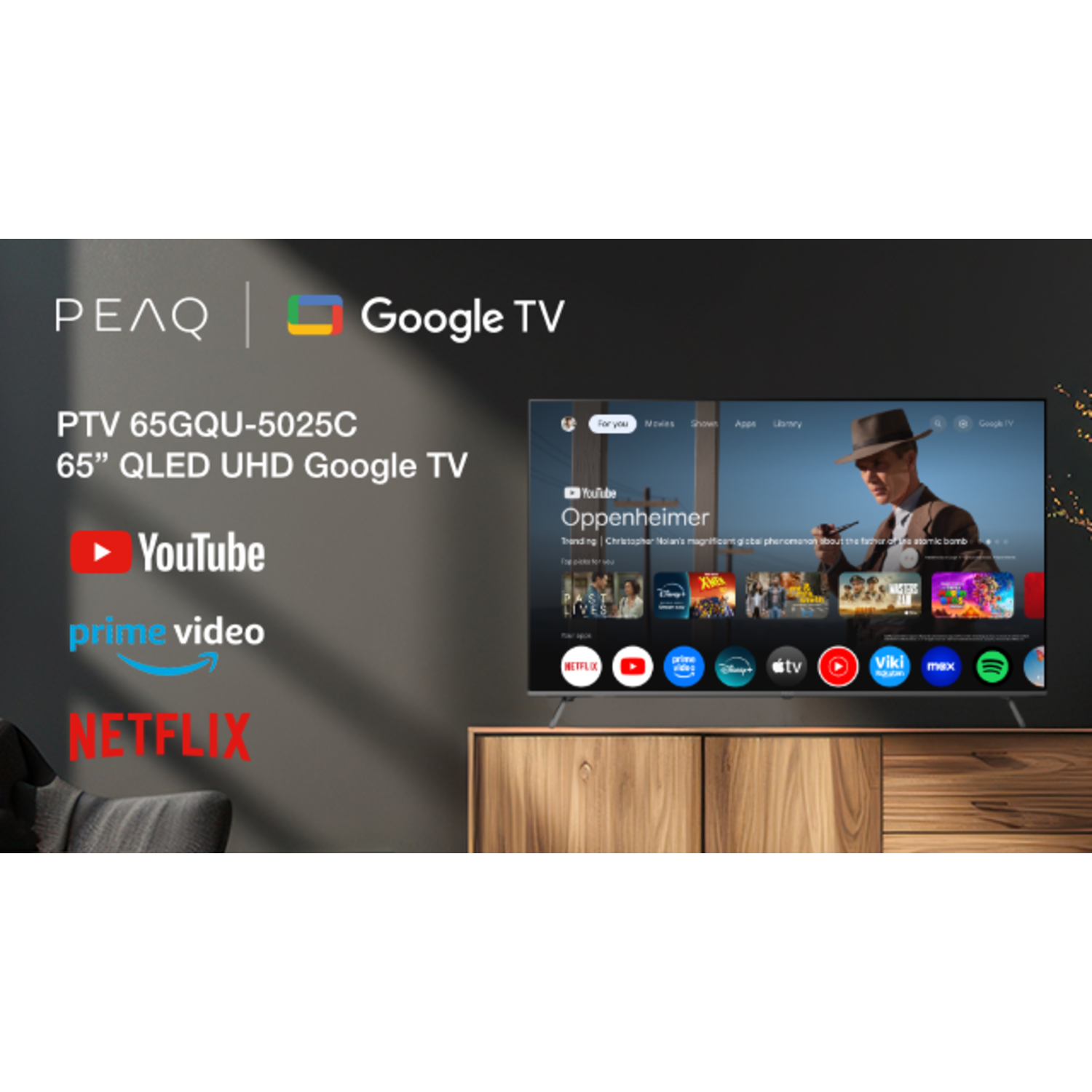 A TV displays Google TV interface. The screen shows Oppenheimer. Apps like Netflix, YouTube and Prime Video are visible.
