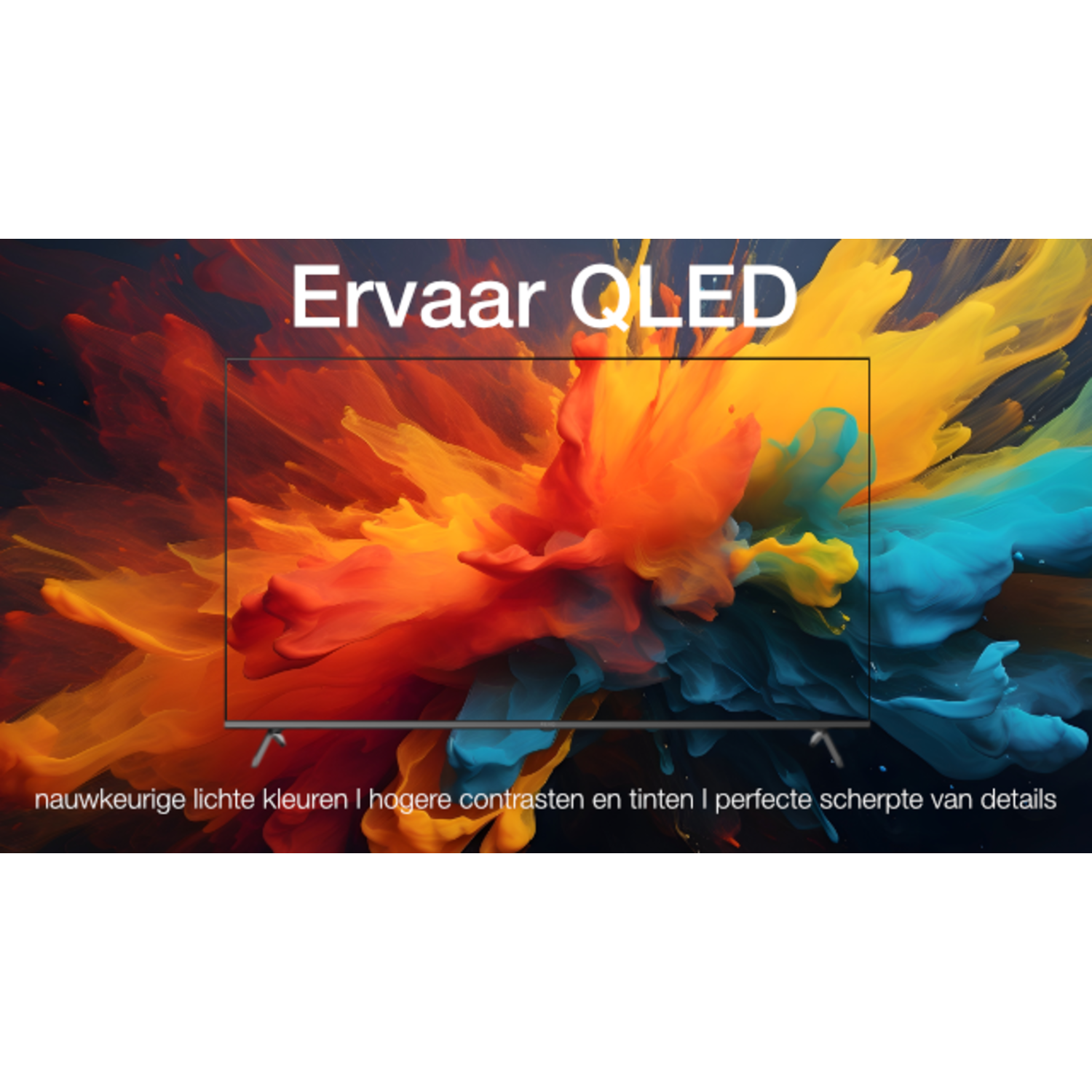 A TV screen with the text 'Ervaar QLED' and colorful abstract paint in the background. The text below describes the features.