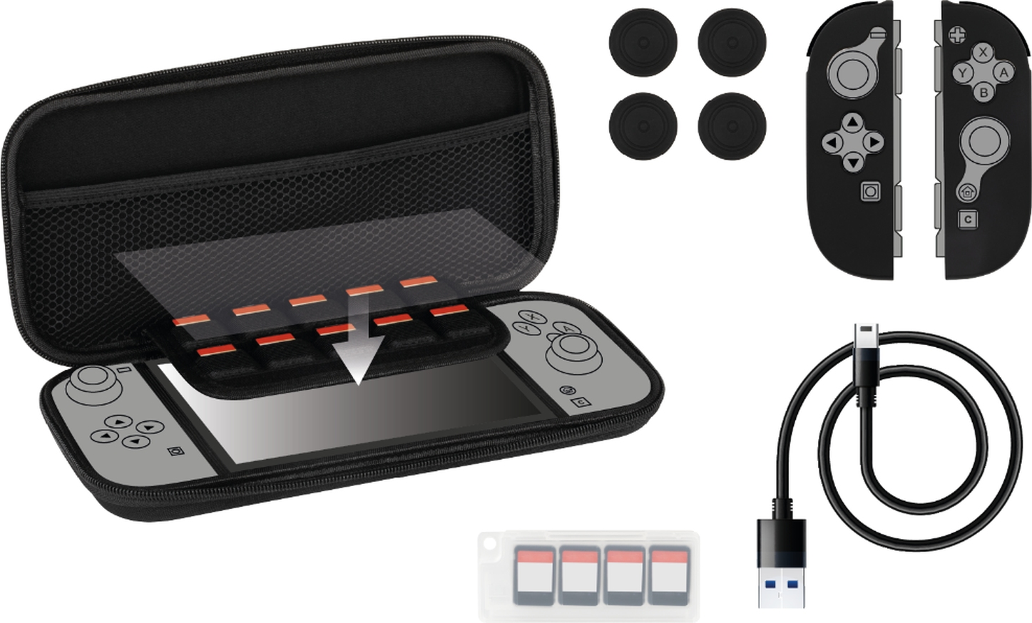Una custodia nera si apre per rivelare una console di gioco. Gli accessori includono un cavo USB, controller e cartucce di gioco.