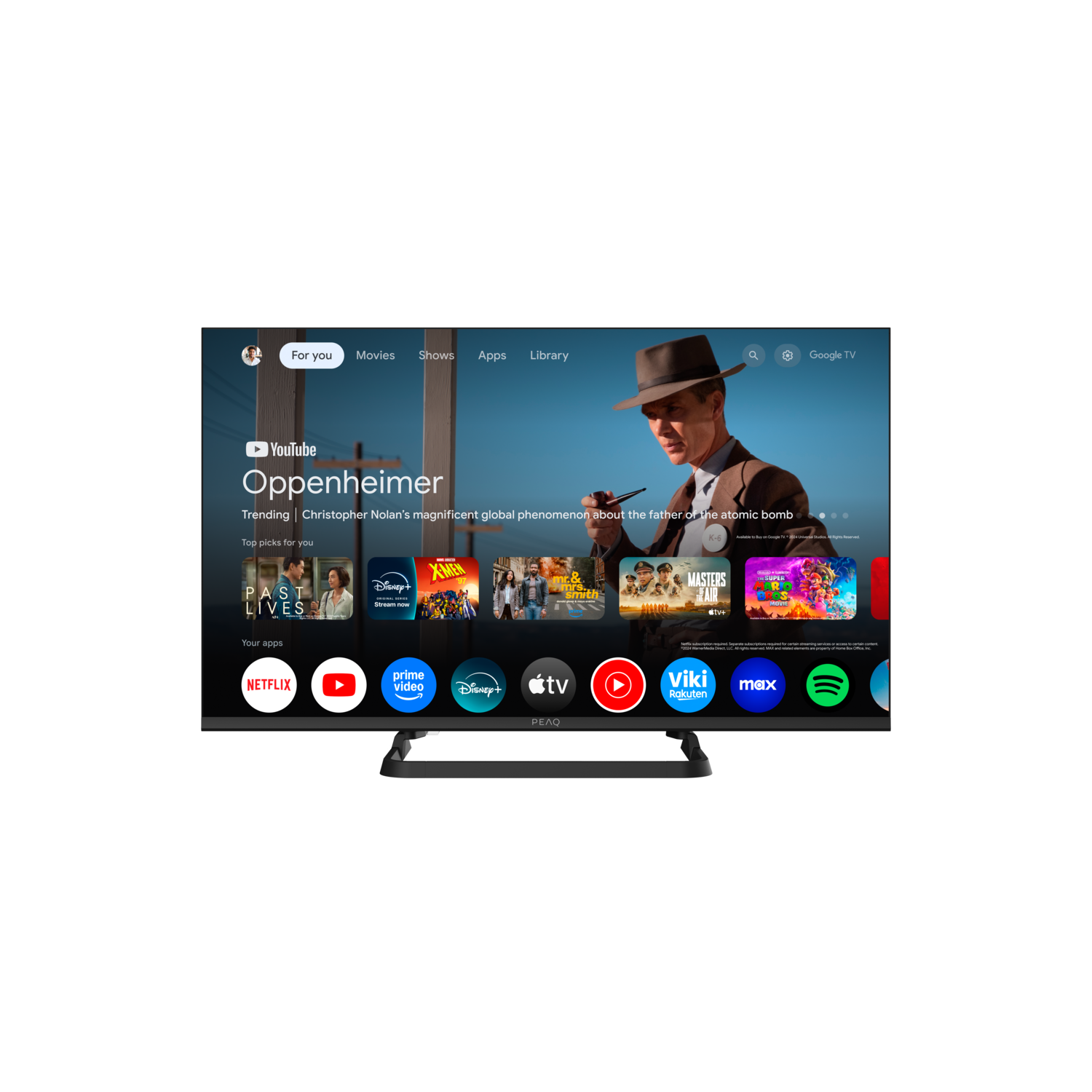 A TV displays the YouTube app with Oppenheimer trending. Apps like Netflix, Disney+, and others are visible.
