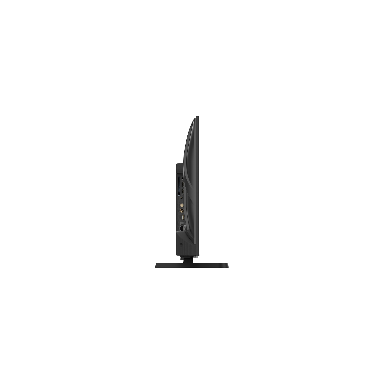 A black flat-screen TV is seen from the side. The screen is thin, with a stand at the bottom. White background.