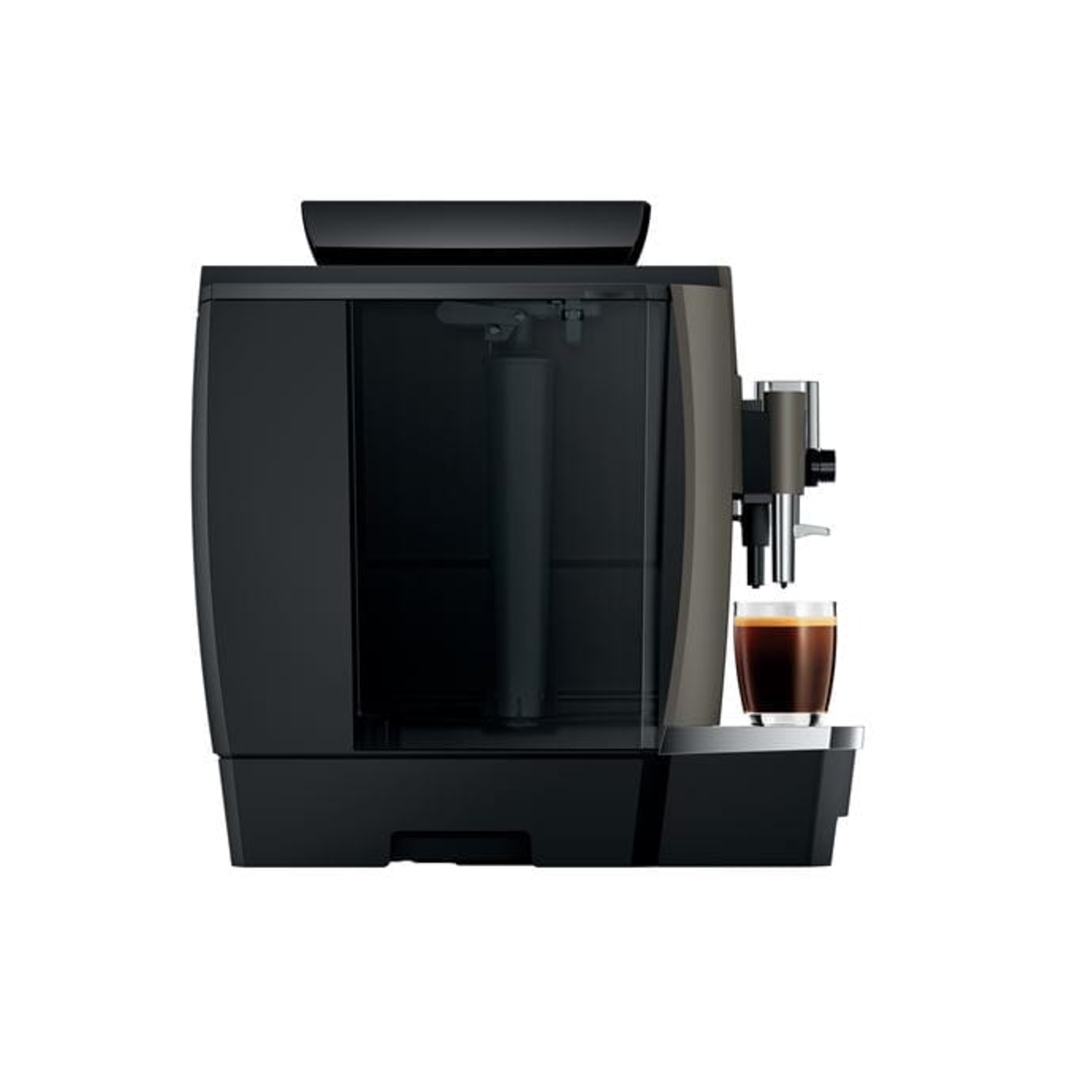 A black and gray espresso machine with a glass of coffee, set against a white background.