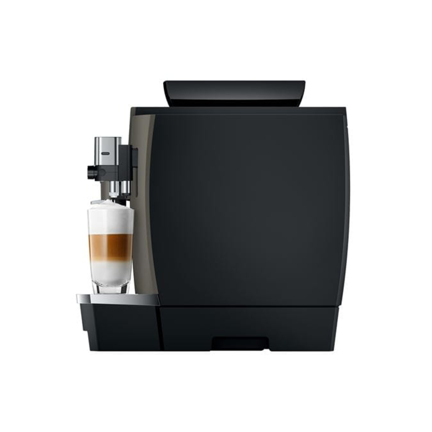 A black and beige coffee machine with a glass of layered coffee. The machine has a sleek design and sits on a white background.