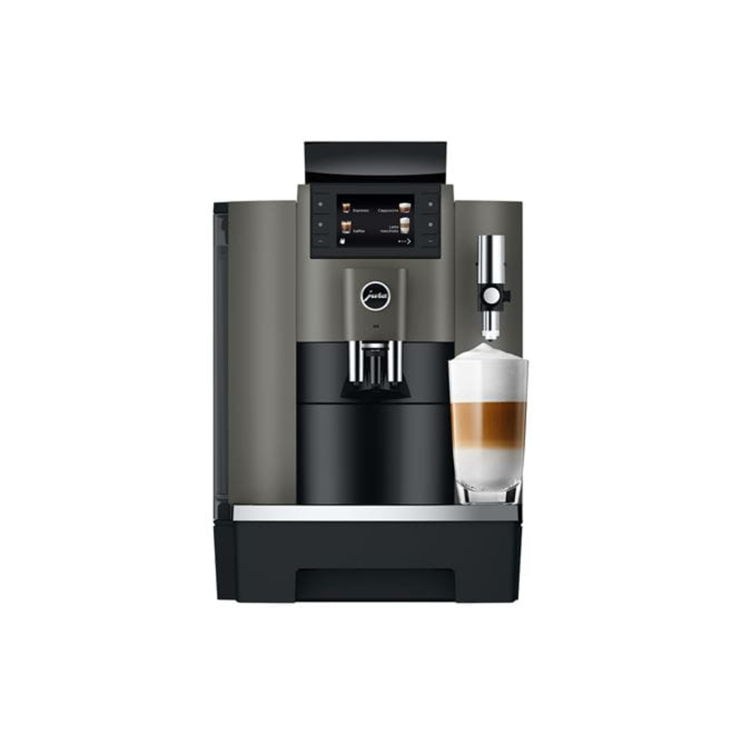 A coffee machine with a glass of layered latte. The machine is gray and black, with a touchscreen display. 