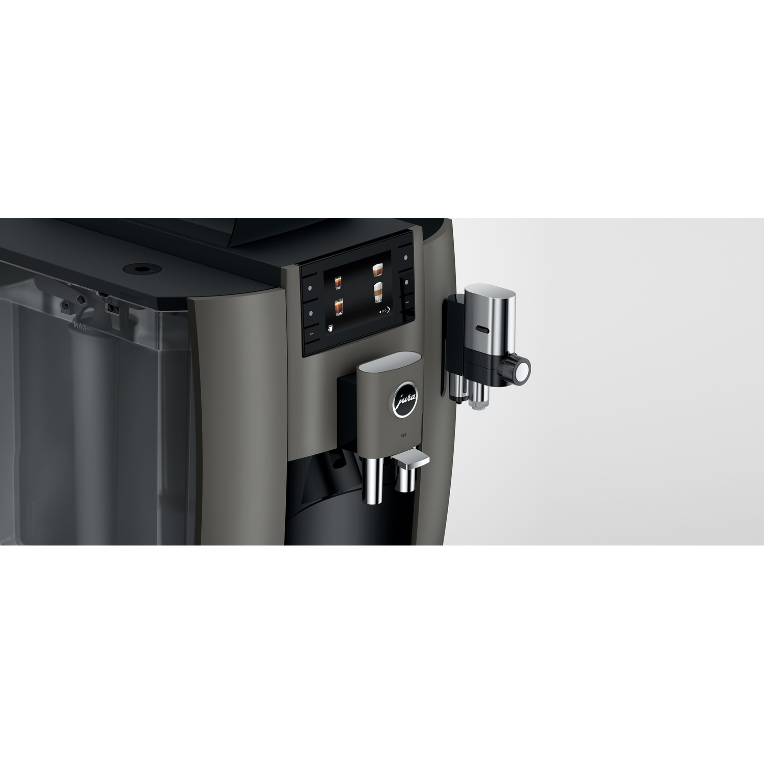 A gray and black Jura coffee machine. It has a touch screen, a water tank, and a coffee dispenser. The background is white.