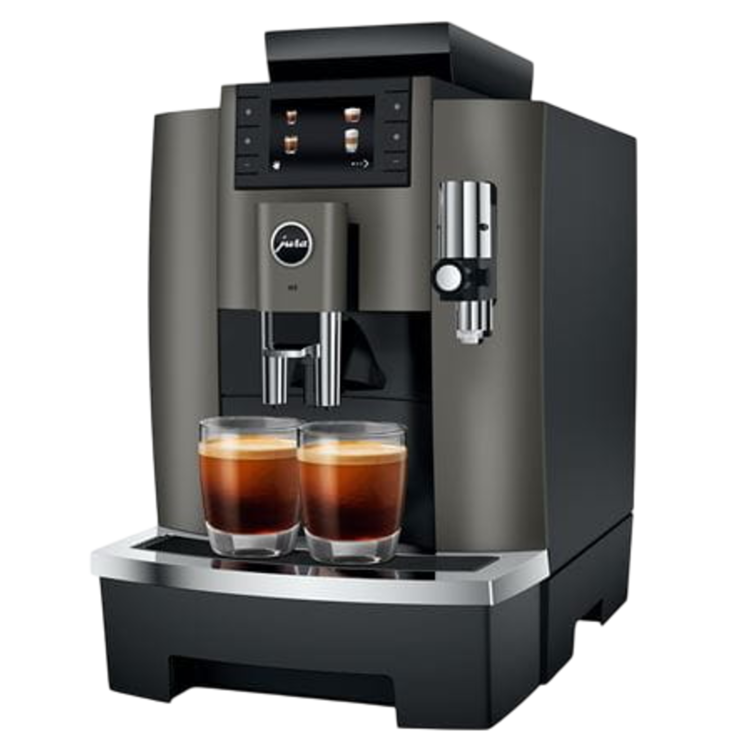 Een koffiemachine schenkt espresso in twee glazen. De machine is metaalgrijs en zwart. De glazen zijn helder.