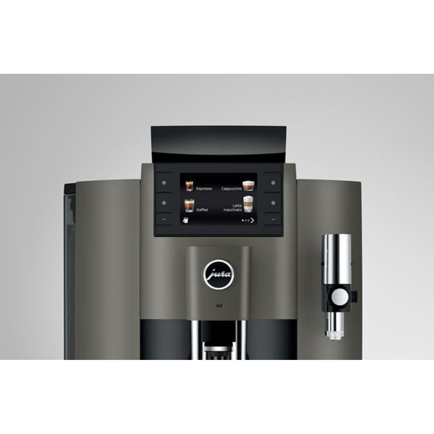 Een Jura koffiemachine. De machine is grijs en heeft een touchscreen. Het heeft opties voor espresso, cappuccino en latte.