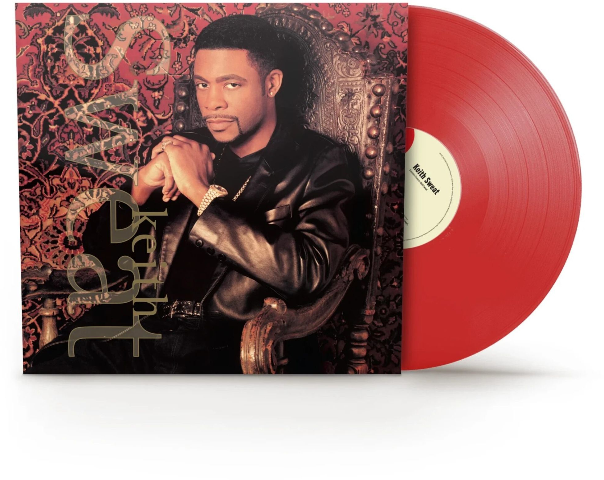 Album borító Keith Sweat-tel, fekete bőrdzsekiben, piros bakelit lemez. A háttér mintás falikárpit.