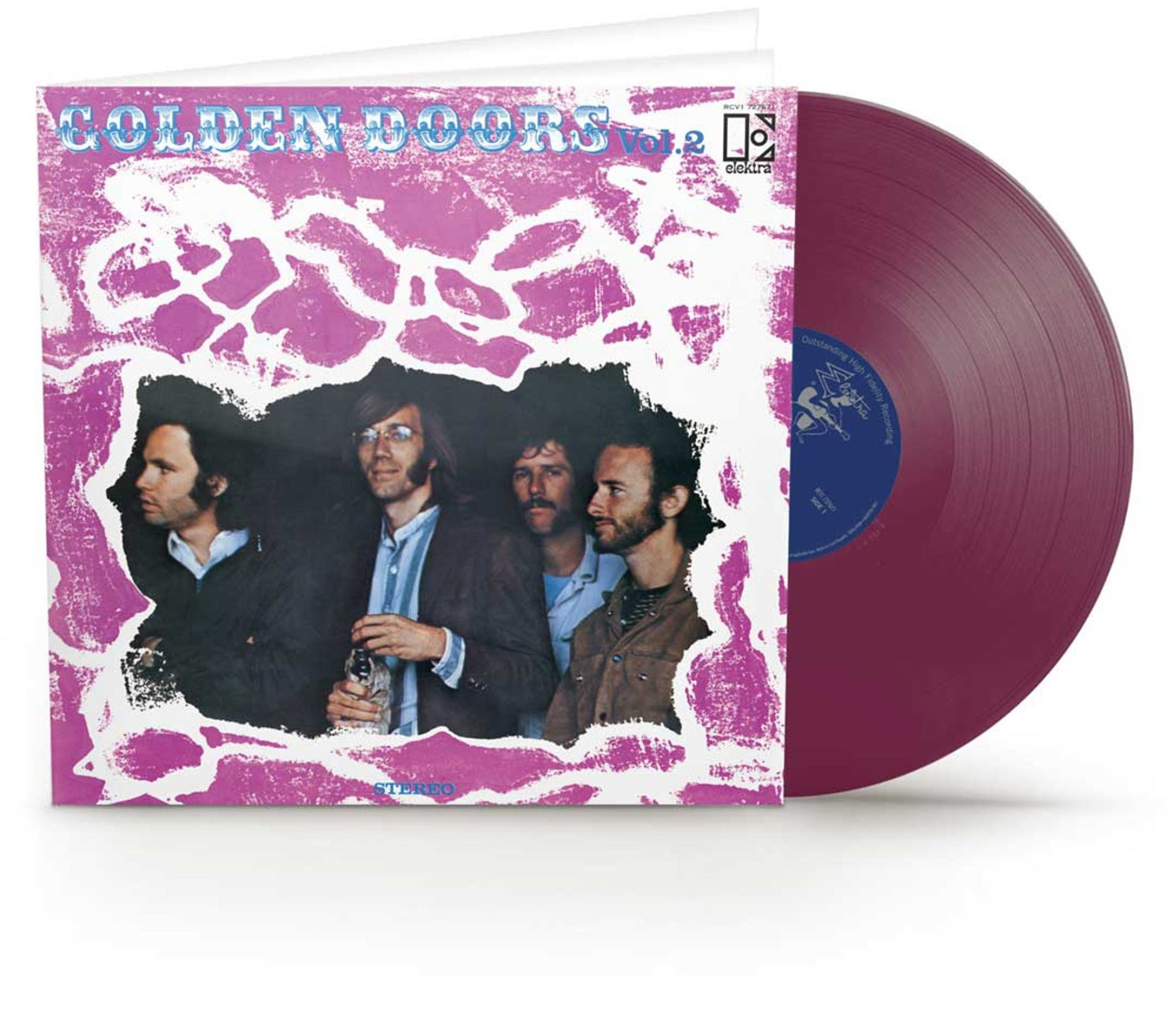 The Doors Vol. 2 album borítója. A zenekar tagjait és egy lila bakelit lemezt mutat be. A borító fehér és lila.