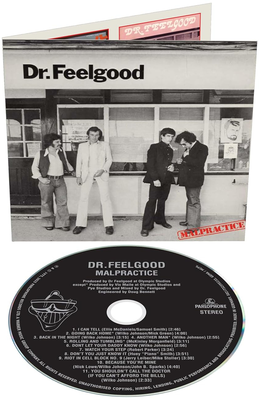 A Dr. Feelgood Malpractice című albumának borítója. Négy férfi egy bolt előtt áll. Alul egy CD látható.