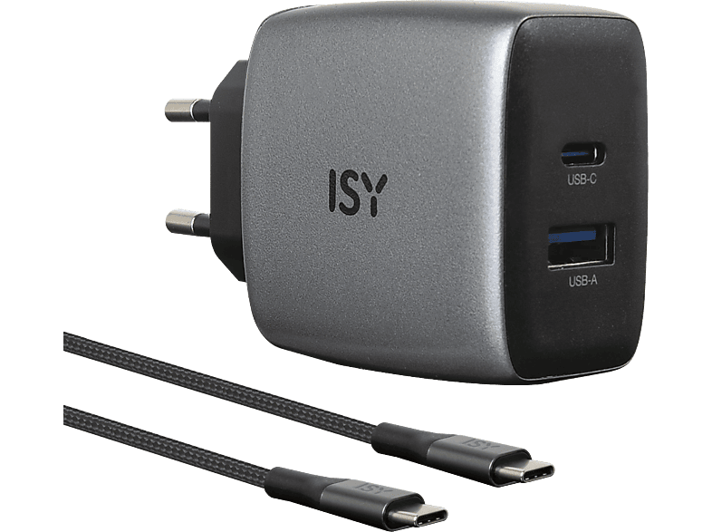 Ładowarka sieciowa ISY IAC-4512-GY 45W USB-C USB-A GaN + kabel 2m Szary