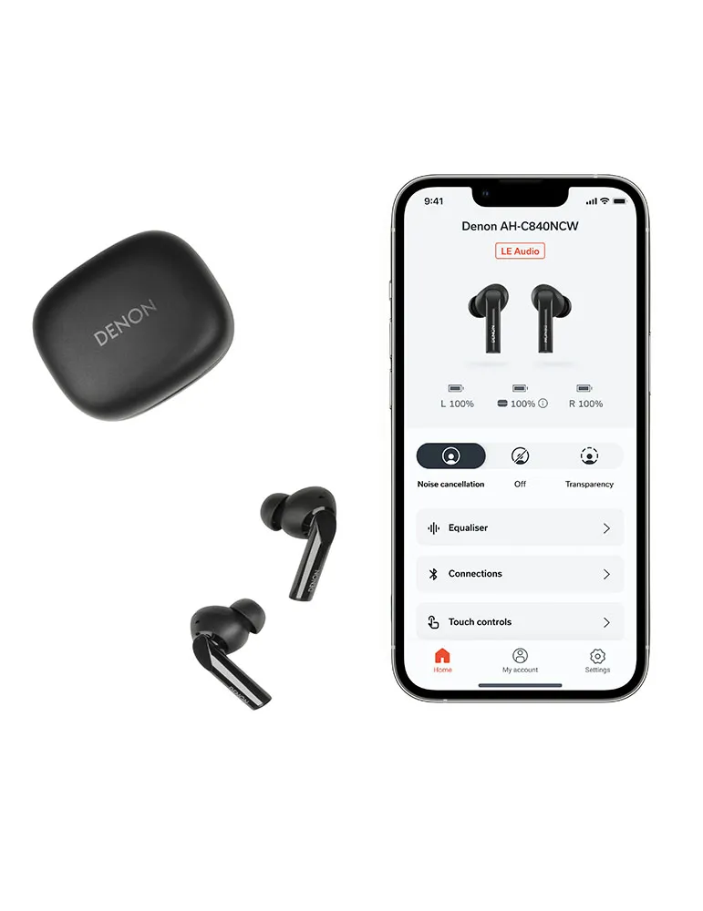 Czarne słuchawki douszne Denon, etui ładujące i telefon z ustawieniami. Słuchawki są wyświetlane na ekranie.