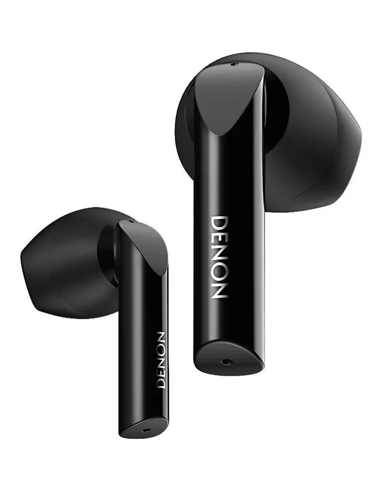 Dwa czarne bezprzewodowe słuchawki Denon. Każda ma cylindryczną nóżkę z nazwą marki i zaokrągloną wkładkę douszną.