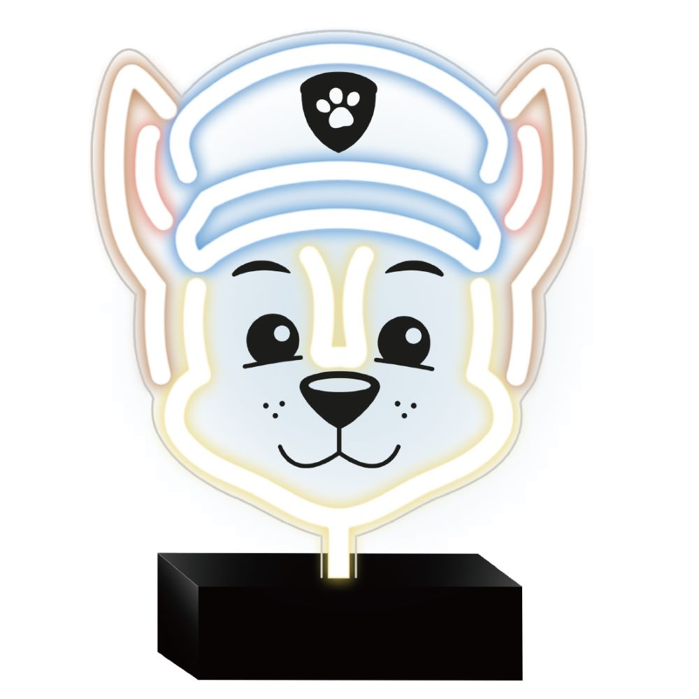 Neonowe światło w kształcie pyszczka szczeniaka w czapce ze śladem łapy. Znajduje się na czarnej podstawie.