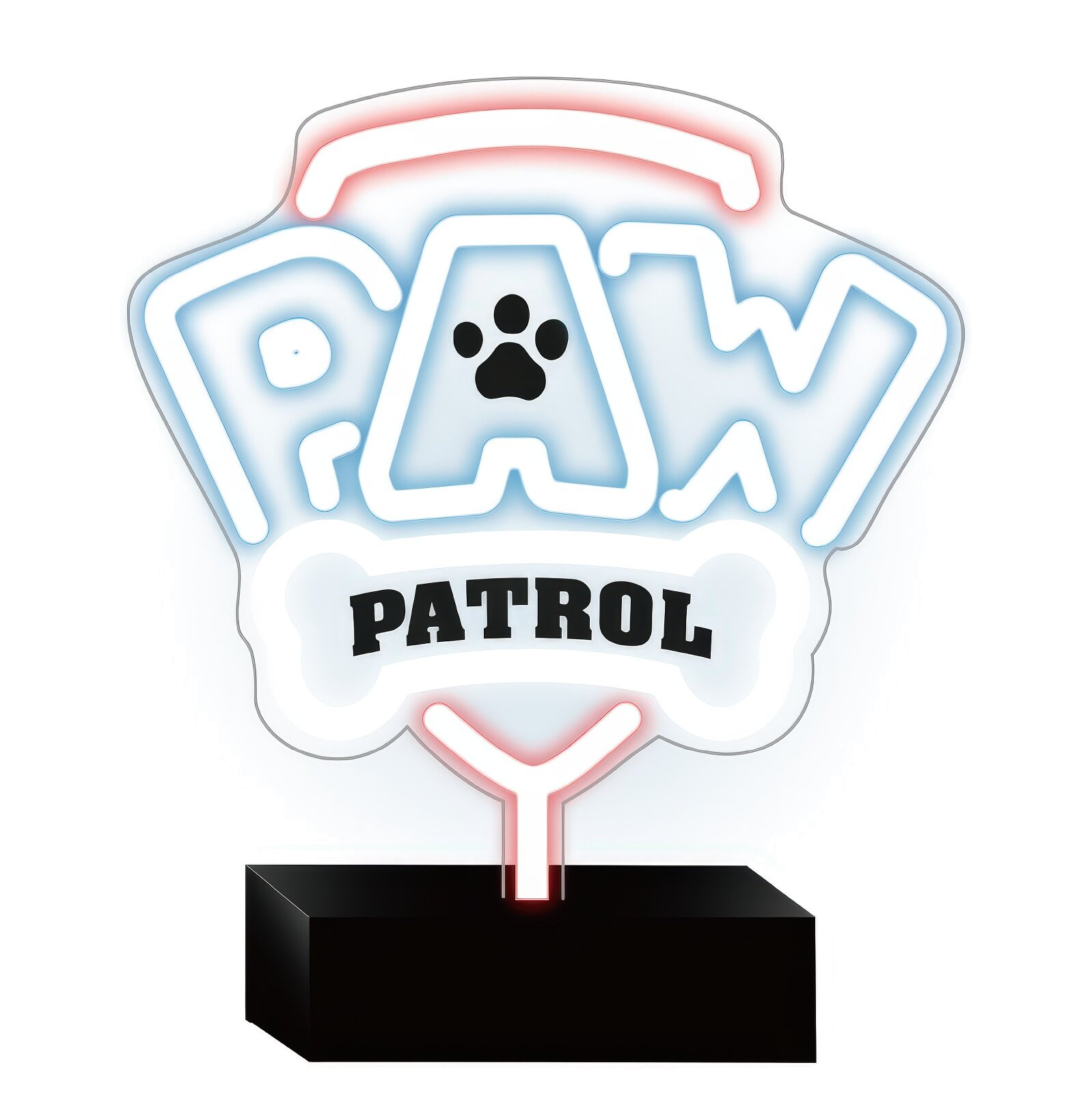 Neonowy znak PAW Patrol. Niebieskie i czerwone neony, czarne logo łapy. Czarna podstawa.