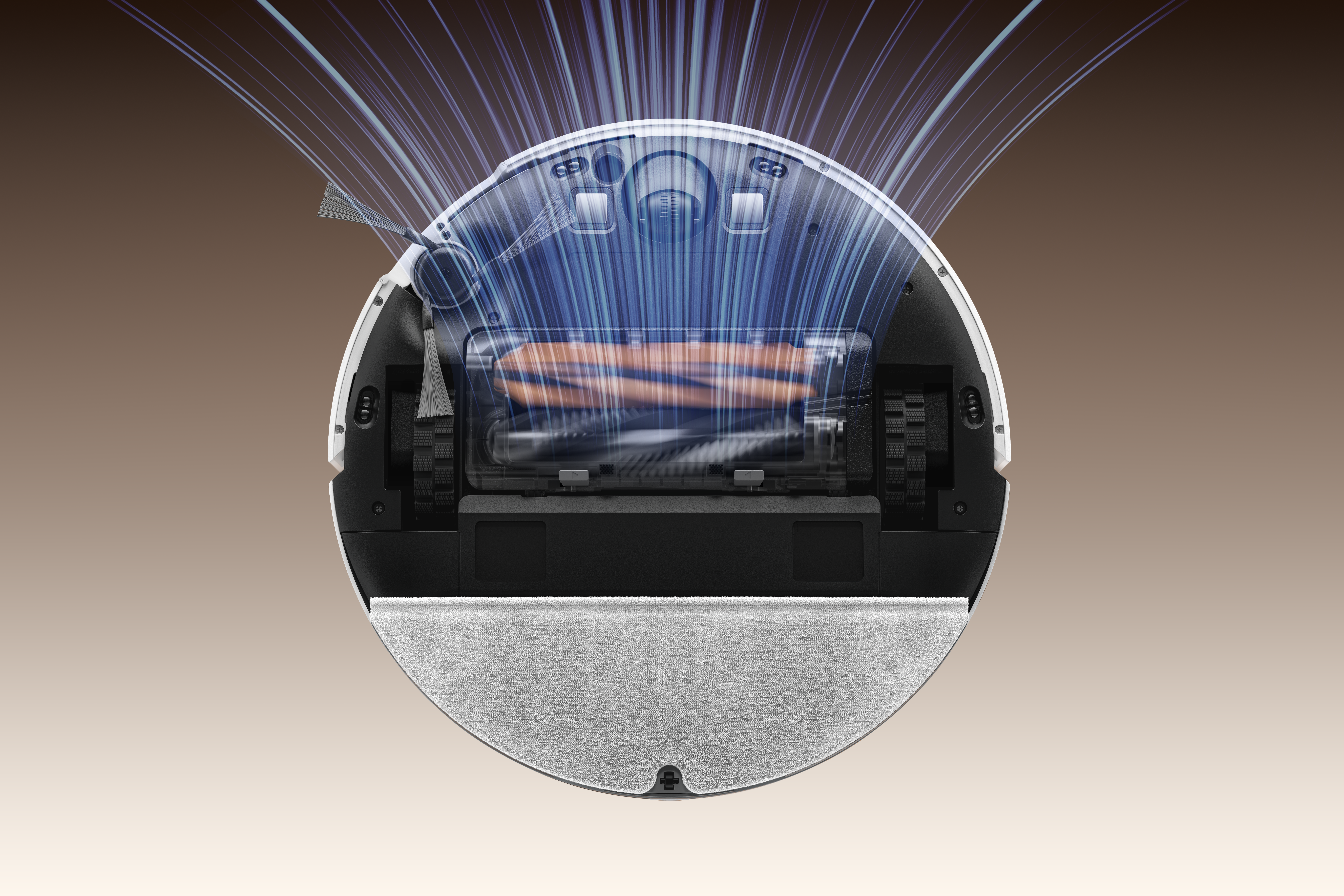 Przekrój robota sprzątającego. Widoczne elementy wewnętrzne, szczotka i pojemnik na kurz. Pokazano niebieskie linie przepływu powietrza.