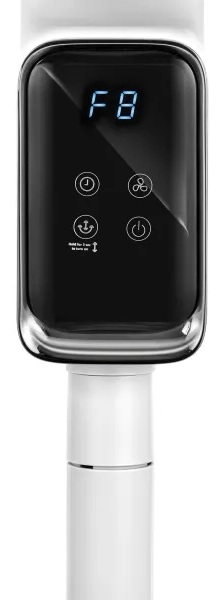 Biało-czarny panel sterowania wentylatorem z przyciskami i wyświetlaczem F8. Panel sterowania znajduje się na białym stojaku.