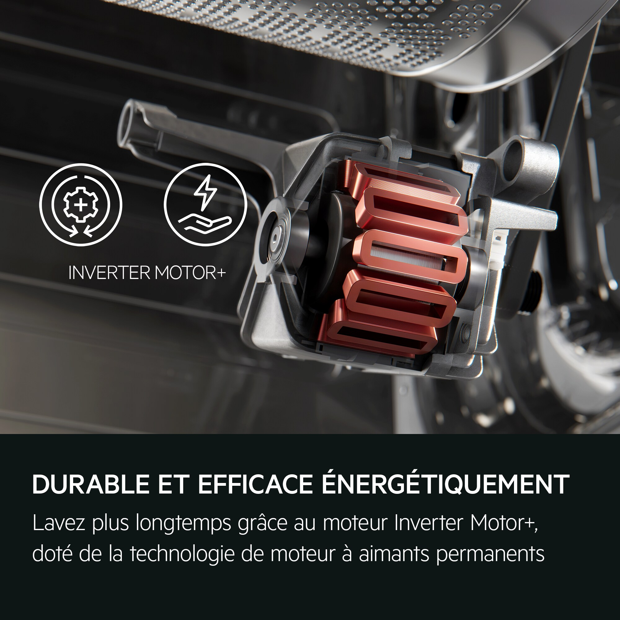 Close-up of a washing machine motor with red coils and a power symbol. Text says 'Inverter Motor+' and 'Durable and energy efficient'.