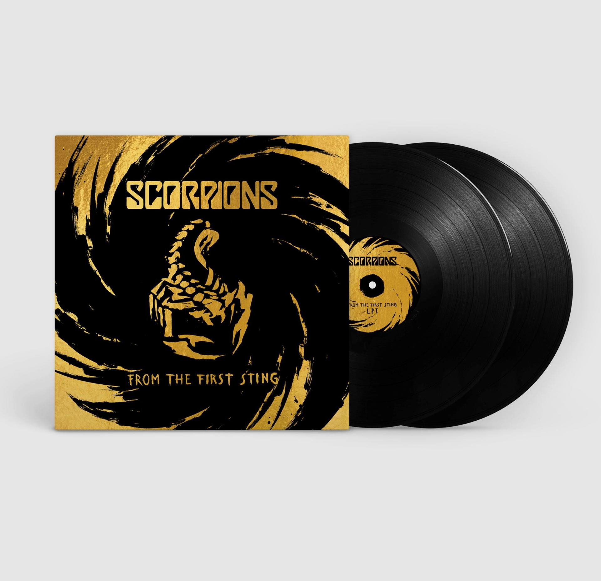Pochette de l'album From the First Sting des Scorpions. Vinyles noirs. Œuvre dorée et noire avec graphique de scorpion.