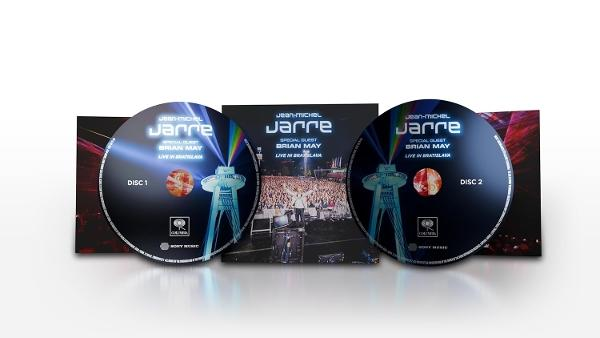 CD-tok két Jean-Michel Jarre lemezzel, Brian May közreműködésével. A borítón koncertszínpad és tömeg látható.