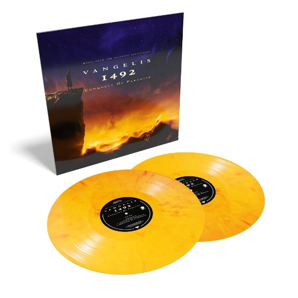 Album borító és két bakelit lemez. A borítón egy személy látható egy sziklán, a '1492 Conquest of Paradise' címmel.