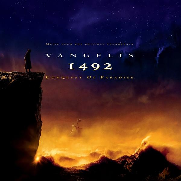 Vangelis 1492 című filmjének posztere. Egy alak sziklán áll, a tengeren egy hajóra néz. Az ég sötét és csillagos.