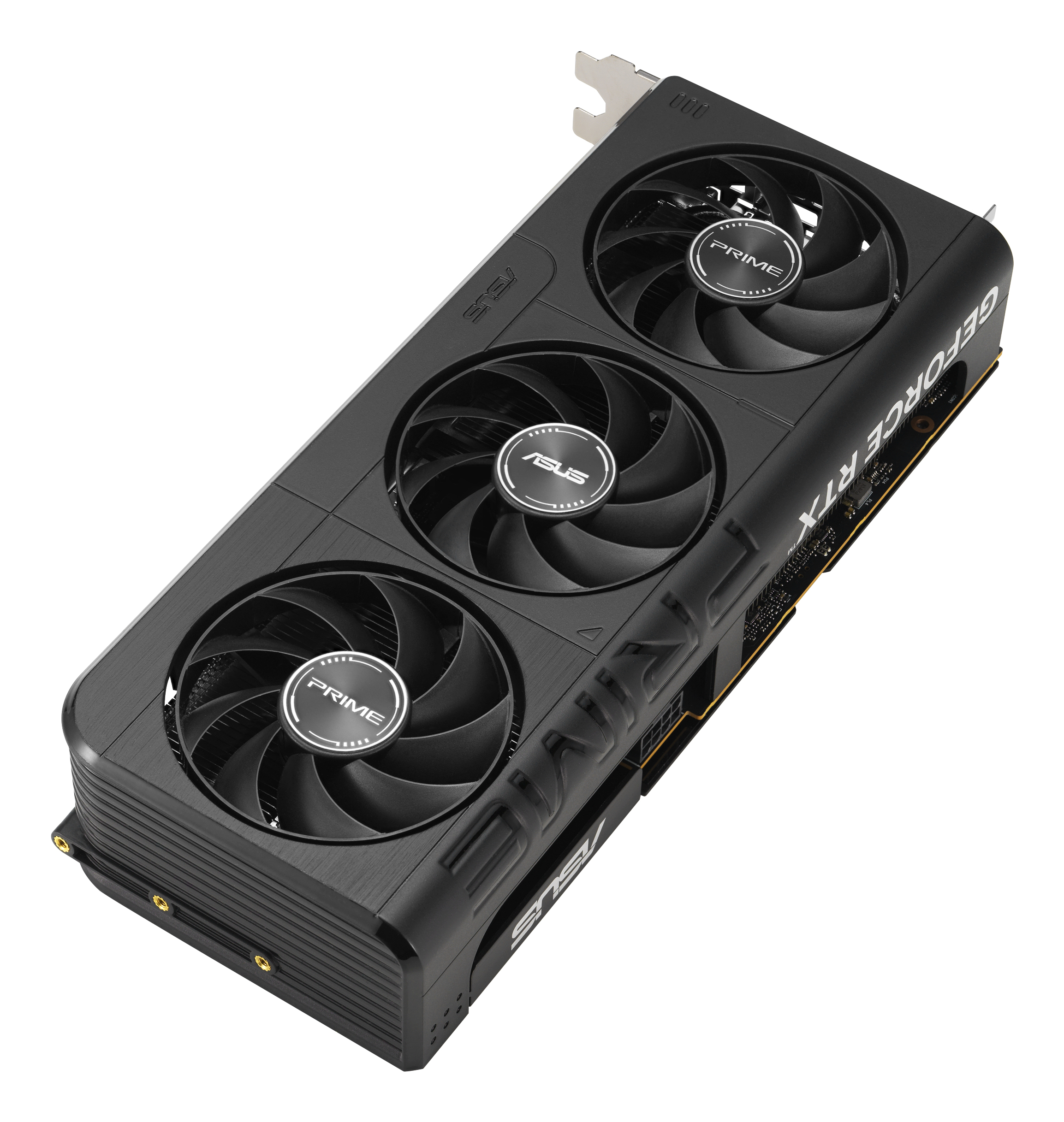 Eine schwarze ASUS GeForce RTX Grafikkarte mit drei Lüftern, PRIME-Logo und RTX-Branding.