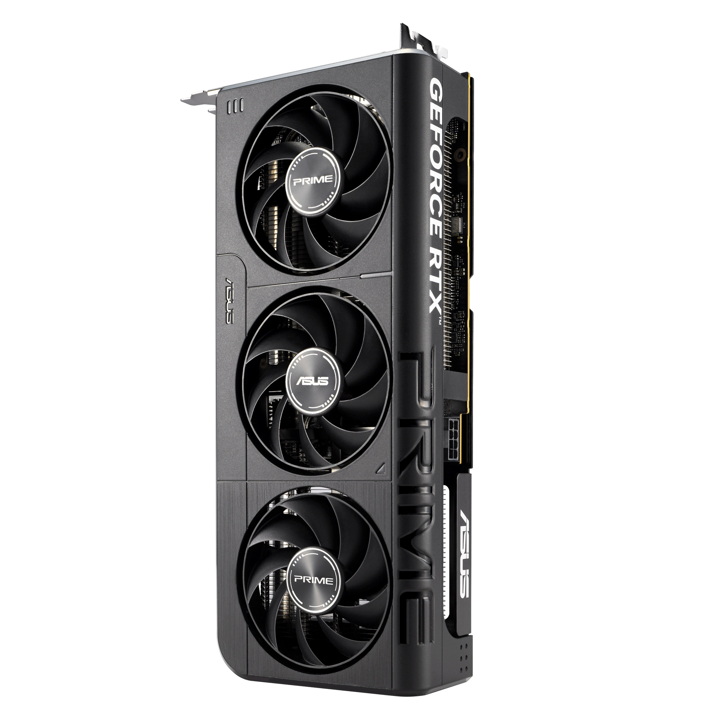 Schwarze ASUS GeForce RTX 30-Grafikkarte mit drei Lüftern. PRIME- und ASUS-Logos sind sichtbar.