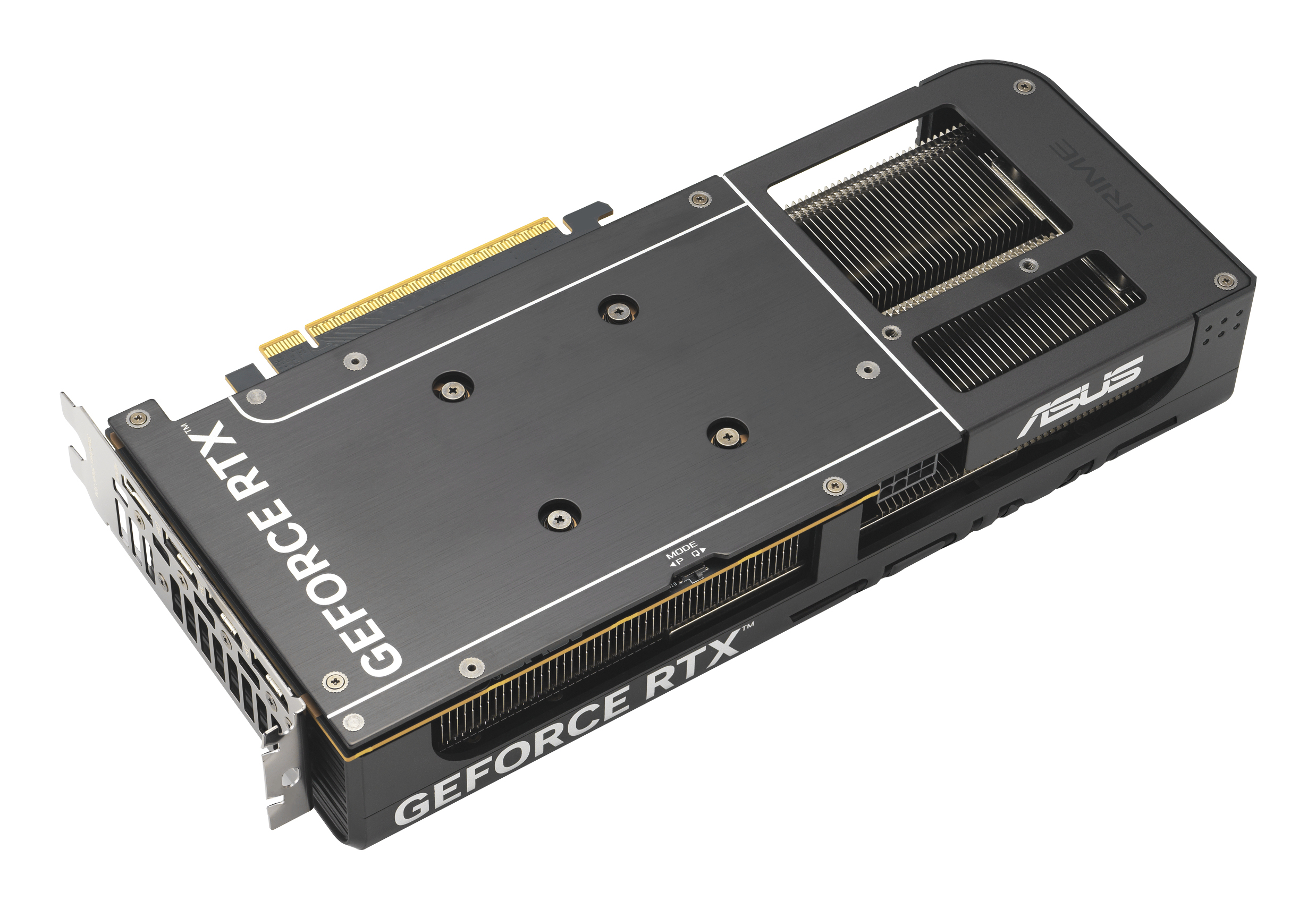 Eine schwarze und silberne Grafikkarte mit den Aufschriften 'GEFORCE RTX' und 'ASUS', isoliert auf Weiß.