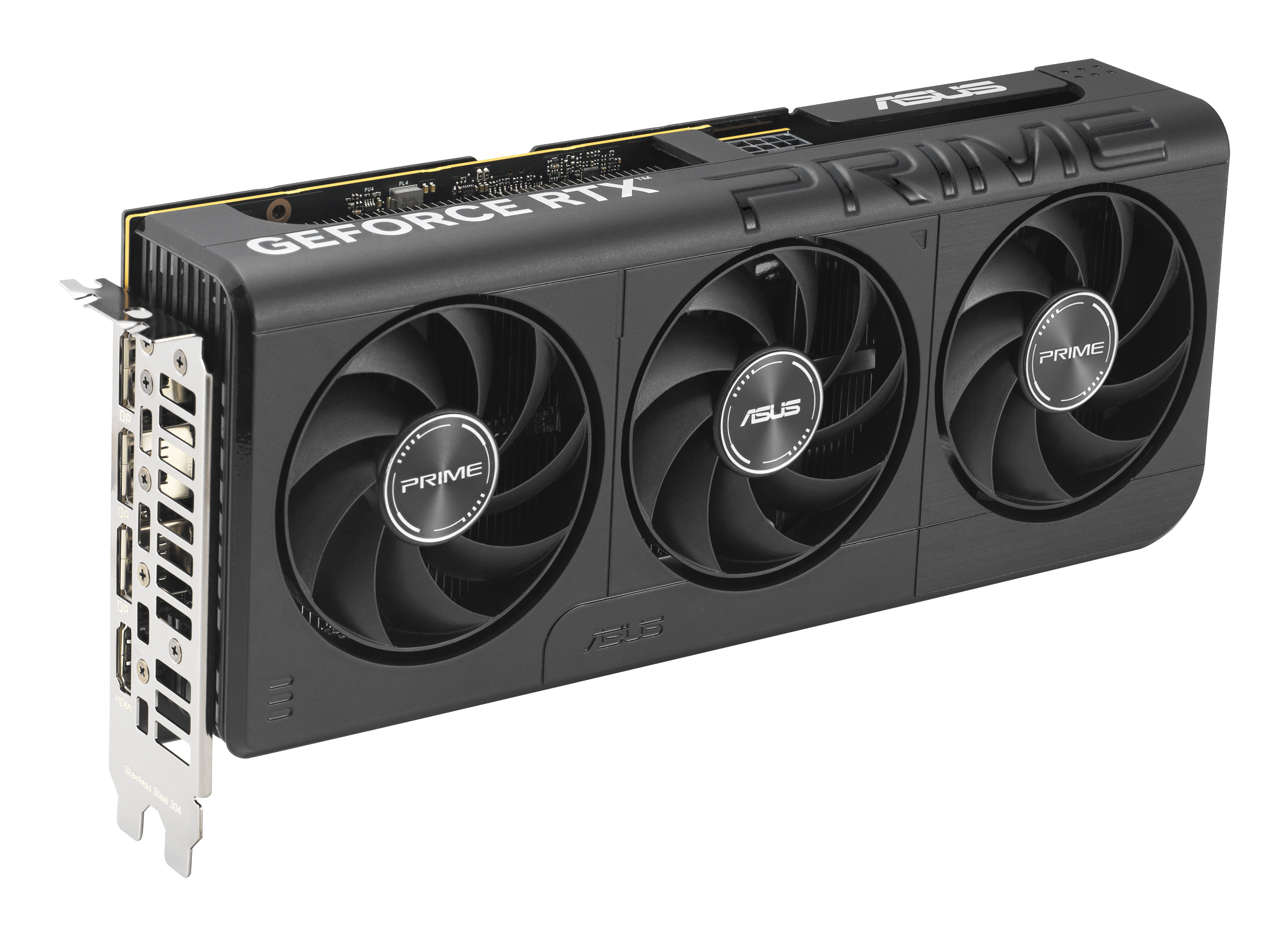 Eine schwarze ASUS GeForce RTX 3070 Grafikkarte mit drei Lüftern und mehreren Anschlüssen.