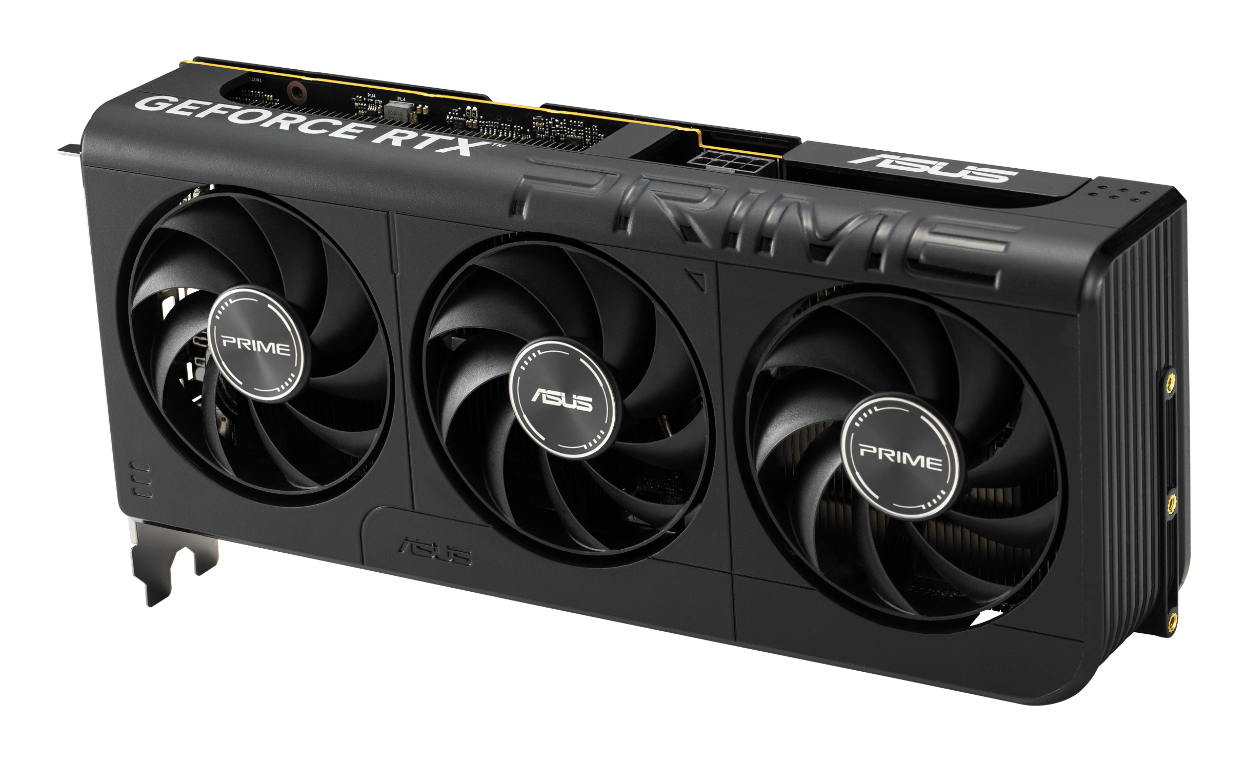 Schwarze ASUS GeForce RTX Grafikkarte. Sie hat drei Lüfter, das Wort PRIME ist auf den Lüftern, und ASUS ist sichtbar.